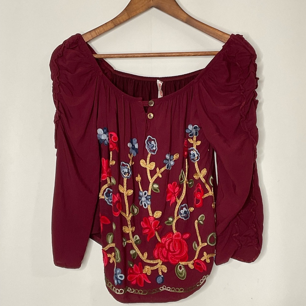 Clarita Floral Embroidered Burgundy Square Neck Gathered Long Sleeve Top No Size - Picture 14 of 14